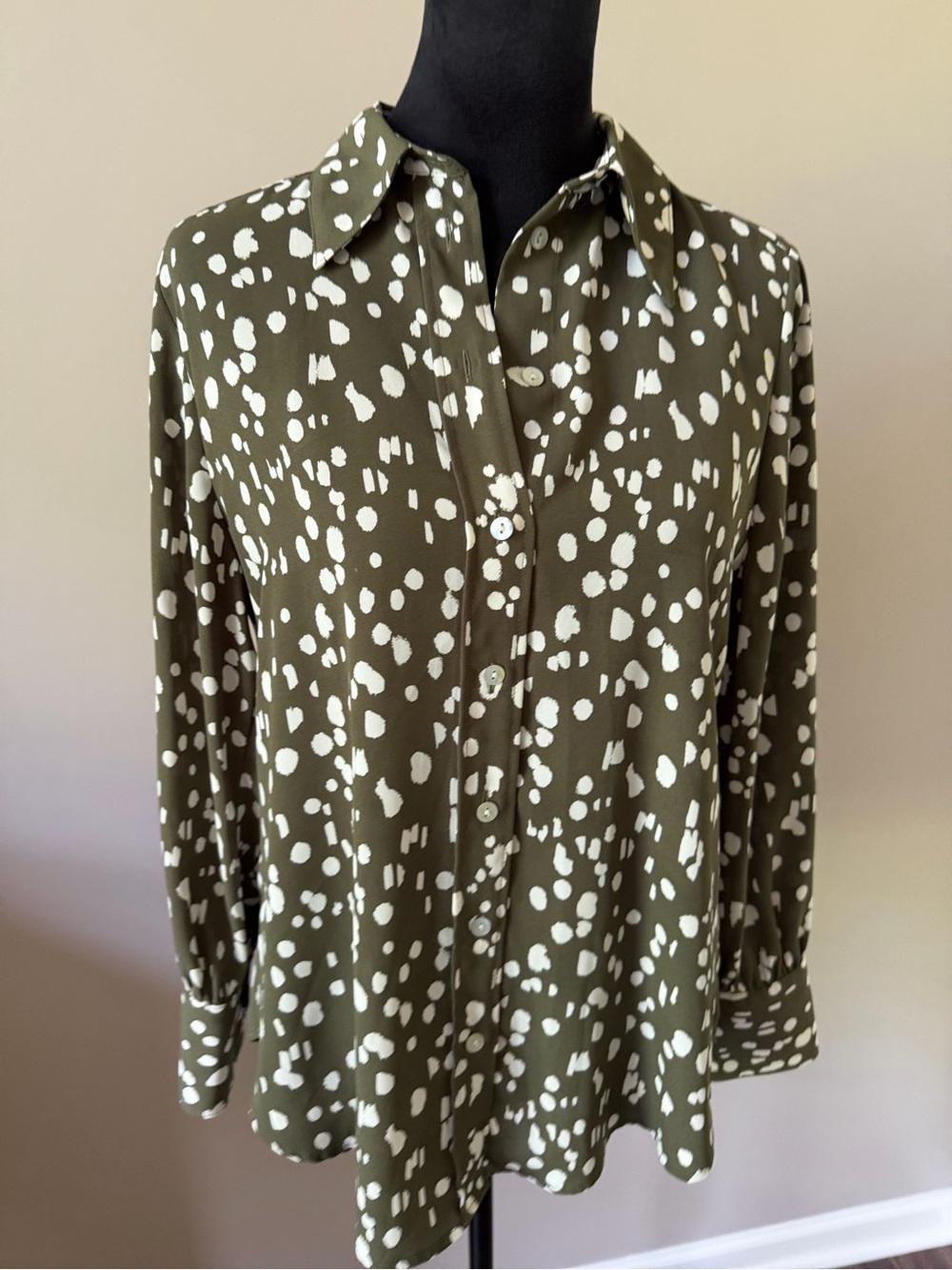 M & S Collection Olive Green Button-Up Blouse with White Spot Print Size 12